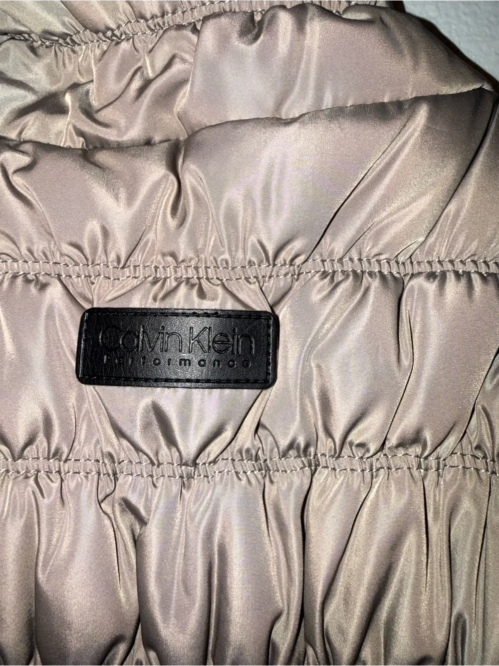 Calvin Klein Performance Quilted Puffer Vest in Taupe with Black Logo Patch - Picture 3 of 4